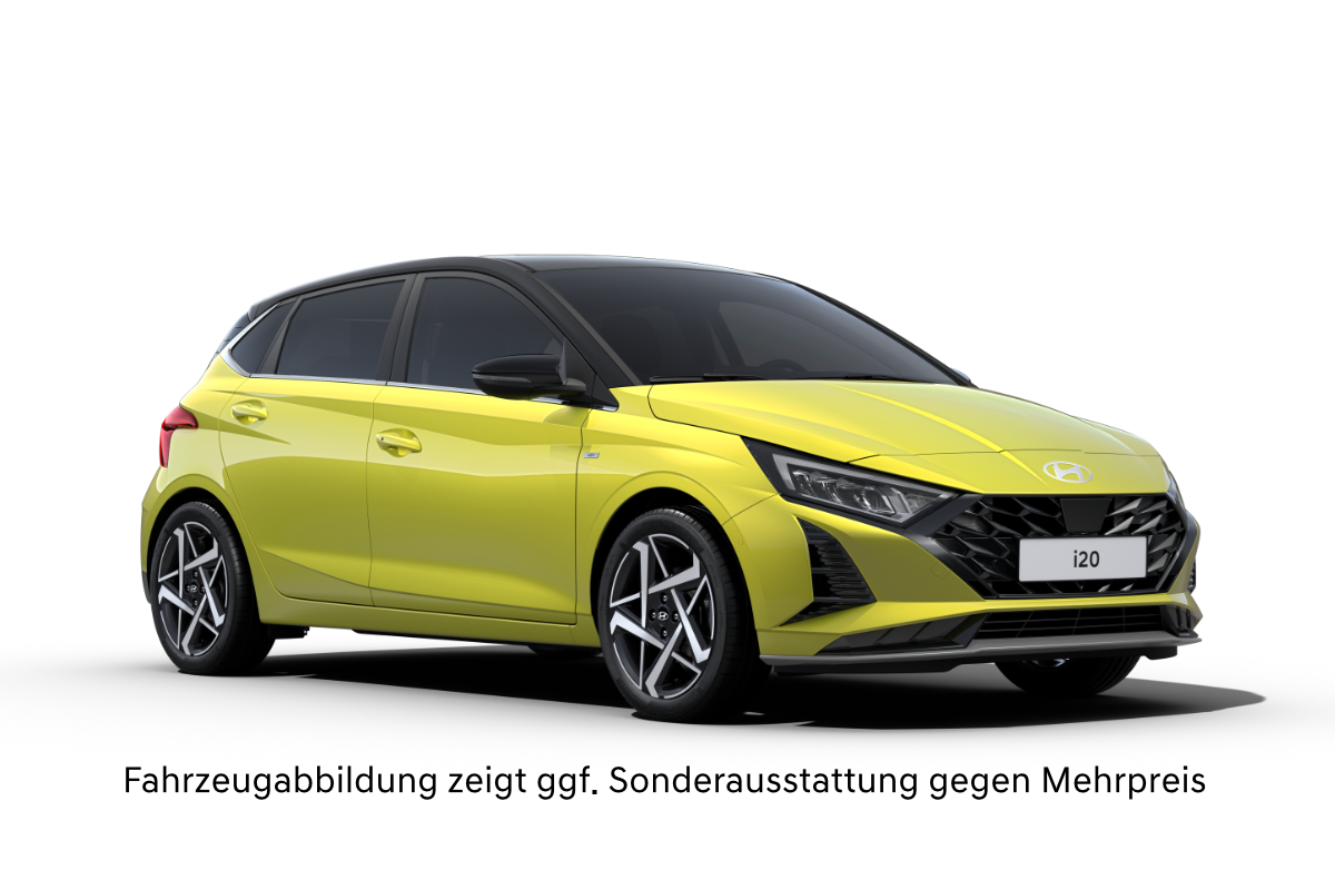 Ein gelber Hyundai i20 auf weißem Hintergrund