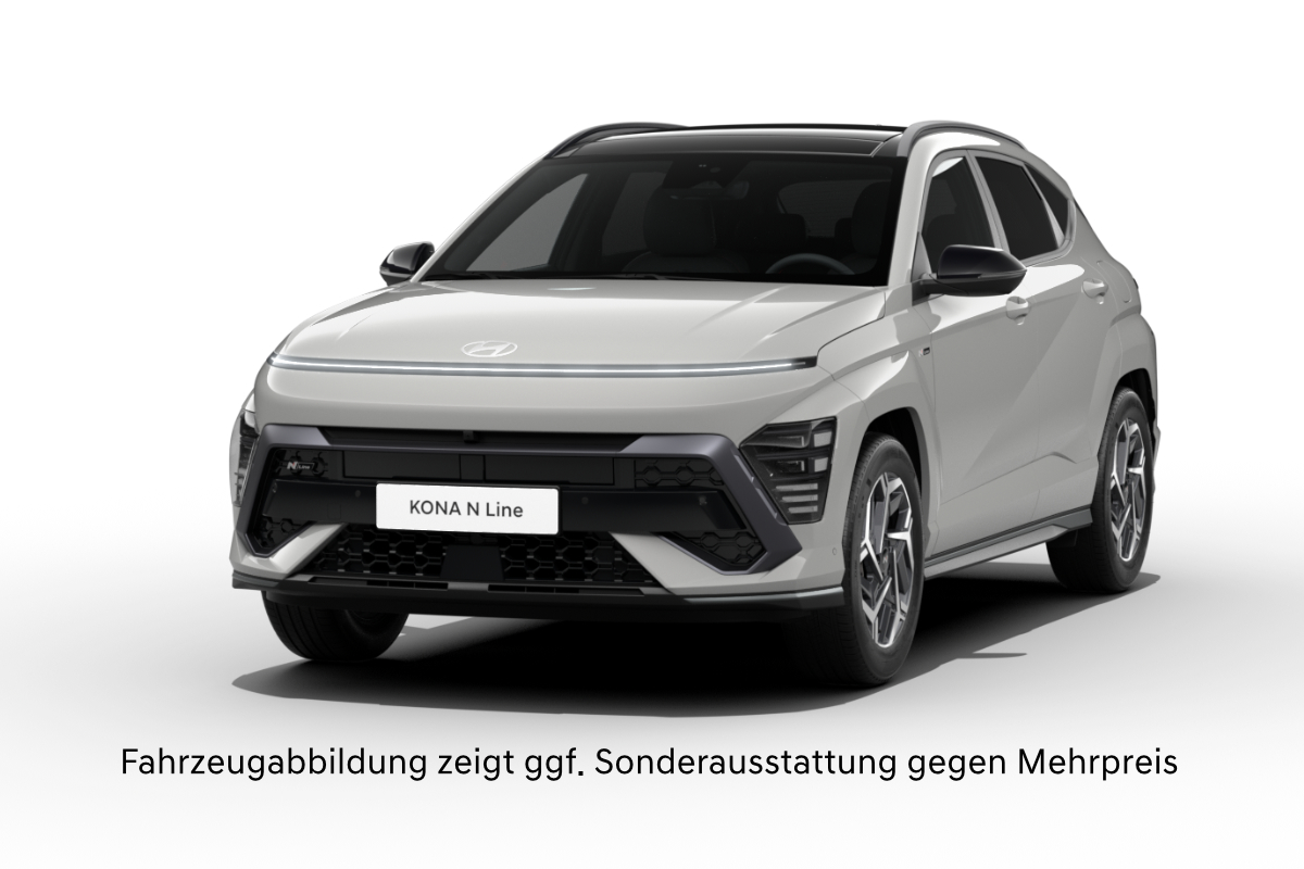 Ein grauer Hyundai Kona auf weißem Hintergrund