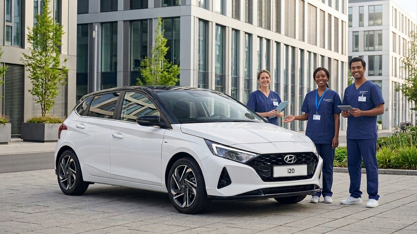 Hyundai i20 vor Wohnhaus im Pflegeeinsatz